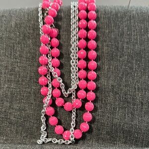 Pink Beaded Necklace with Silver Chain